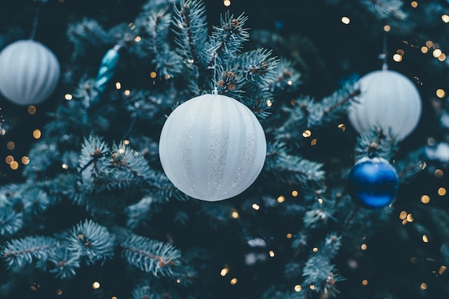 close up of white bauble on a christmas tree